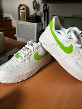 Nike White Sneakers with Bright Green Swoosh